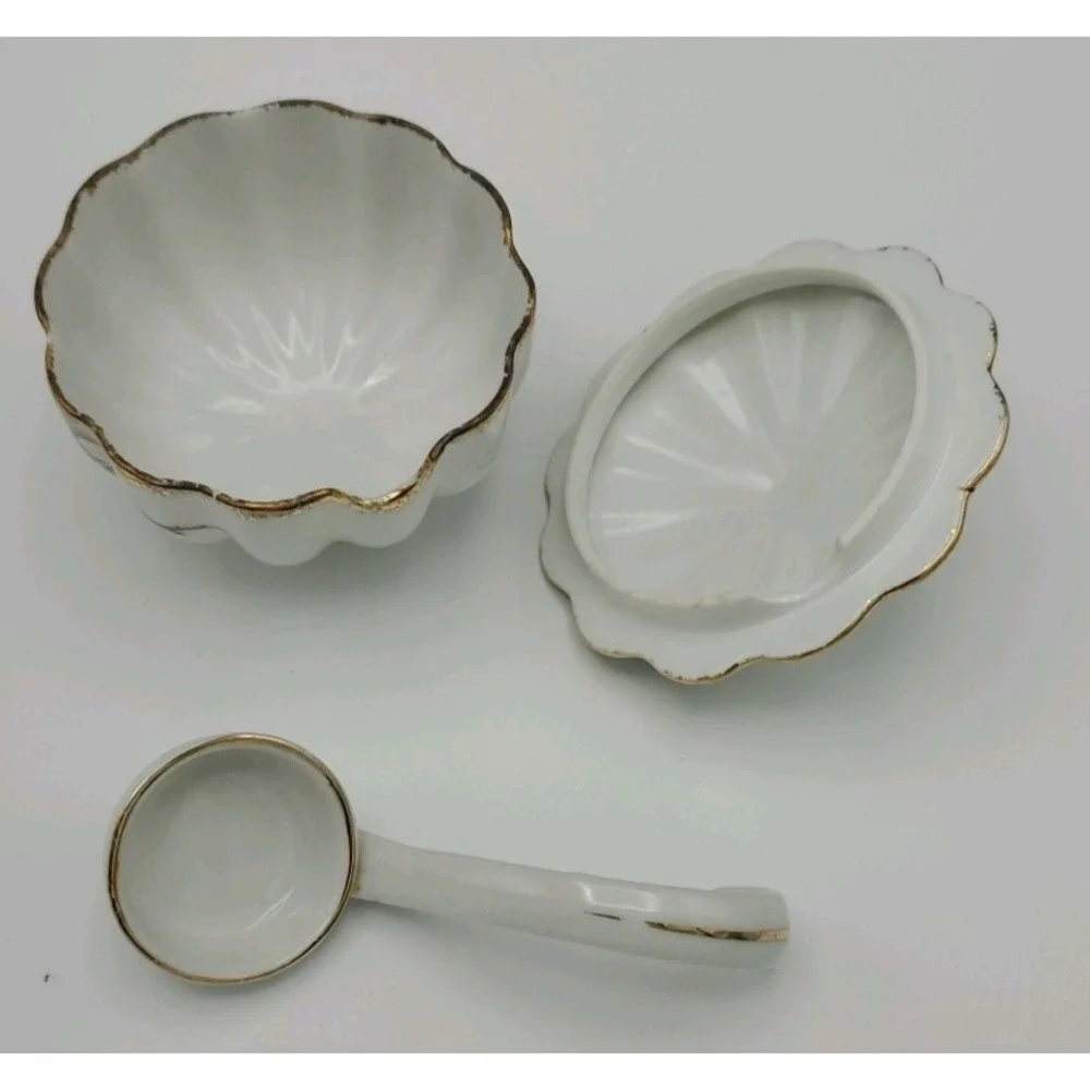 Vtg Dogwood Footed Guilded Serving‎ Mayonnaise Sugar Bowl Lid Spoon NW-DW-60